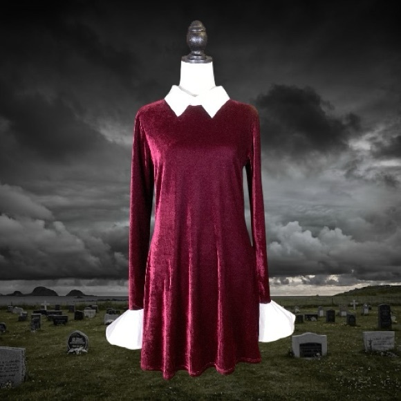 Dolls Kills dELiA*s Burgundy Velvet Mini Dress with Off White Collar & Cuffs - Picture 1 of 5